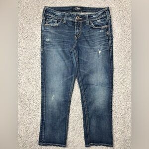 Silver Jeans Womens 27 Elyse Capri Big Stitch Denim Pedal Pushers Distressed